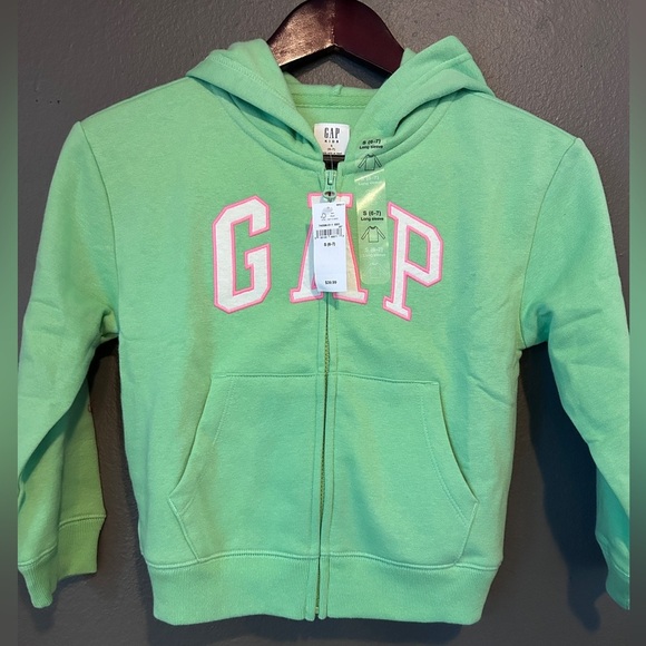 Gap Girls Zip Up Hoodie Size Small 6/7 Green with Pink Letters - Picture 2 of 6